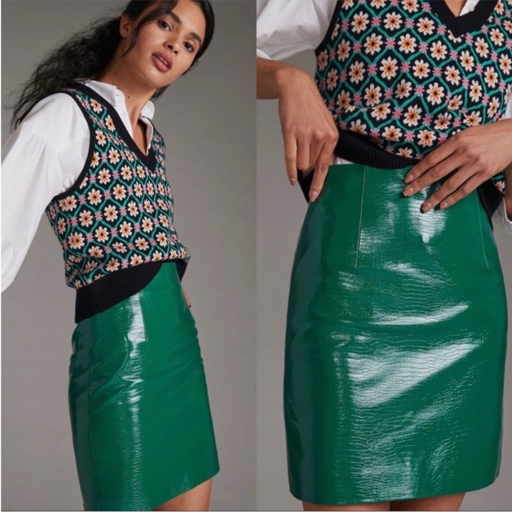 Anthropologie Porridge Green Faux Leather Croc Embossed Skirt Size M